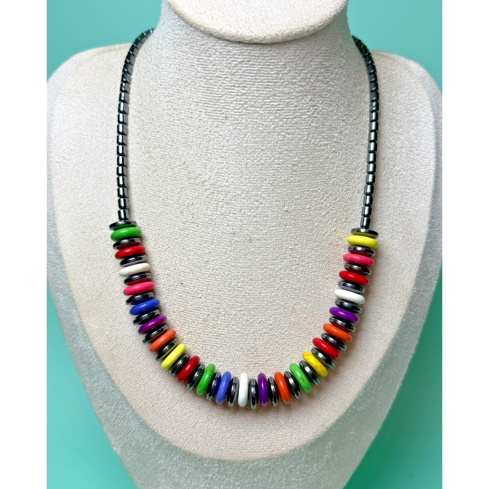 Hematite Stone 17" Colors of the Rainbow Magnetic Therapy Necklace Barrel Clasp